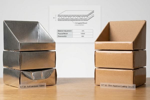 Die silberfolienlaminierten Displayboxen (ECT 26) zeigten Verformungen, im Gegensatz zu den stabilen, glänzend wasserbeschichteten Kraftkartons (ECT 32).