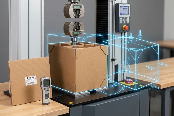Caixa de papelão marrom com divisórias sendo submetida a teste de compressão, ao lado de uma amostra de ECT 44 e um medidor de força digital, evidenciando a resistência da embalagem.