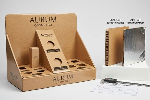 Kraft corrugated Aurum Cosmetics display with 32ECT Strong Core and 26ECT Downgraded board samples, caliper, and Mct Stress Test Analysis.