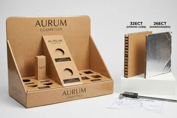 Kraft corrugated Aurum Cosmetics display with 32ECT Strong Core and 26ECT Downgraded board samples, caliper, and Mct Stress Test Analysis.