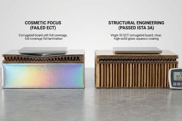 Corrugated board comparison: Cosmetic Focus (Failed ECT) with foil lamination is crushed, contrasting with a structurally sound Virgin 32 ECT board featuring high-solid gloss aqueous coating (Passed ISTA 3A).