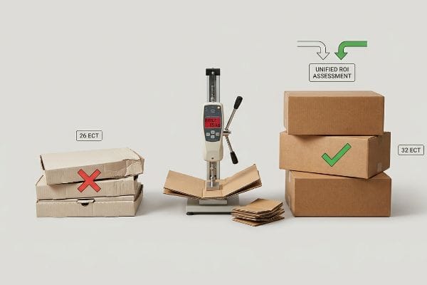 Edge Crush Test comparison showing crushed 26 ECT boxes, a testing machine with PMIL 85 KG, and strong 32 ECT boxes with a Unified ROI Assessment.
