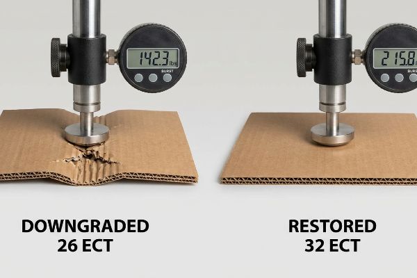 Corrugated cardboard burst tests show Downgraded 26 ECT rupturing at 142.3 lbs, while Restored 32 ECT withstands 215.8 lbs.