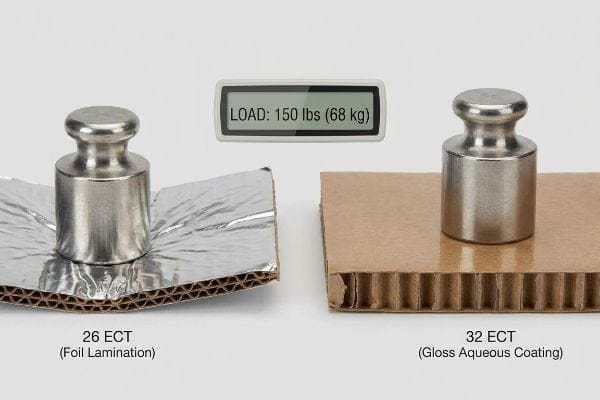 Foil laminated 26 ECT board bows under a 150 lbs (68 kg) load, while 32 ECT with gloss aqueous coating holds firm.