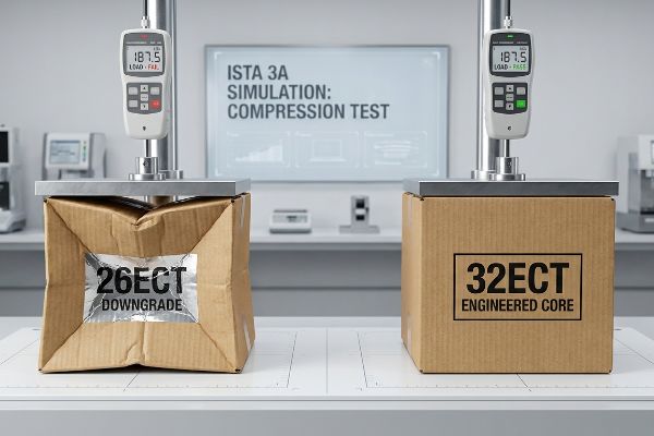 Two corrugated boxes undergoing ISTA 3A compression testing, showing a crushed 26ECT Downgrade box and an intact 32ECT Engineered Core box.