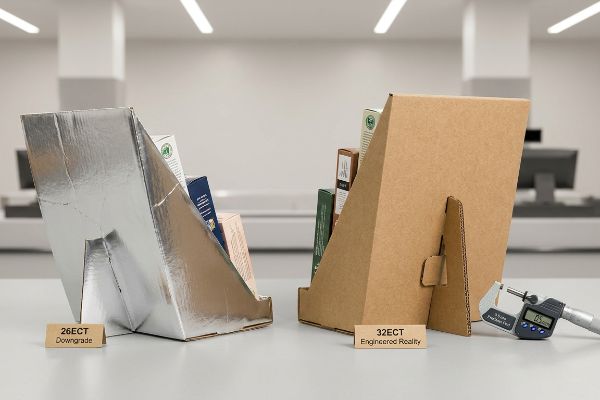 Silver 26ECT Downgrade and natural kraft 32ECT Engineered Reality corrugated displays, with a digital micrometer showing 0.5 mm.