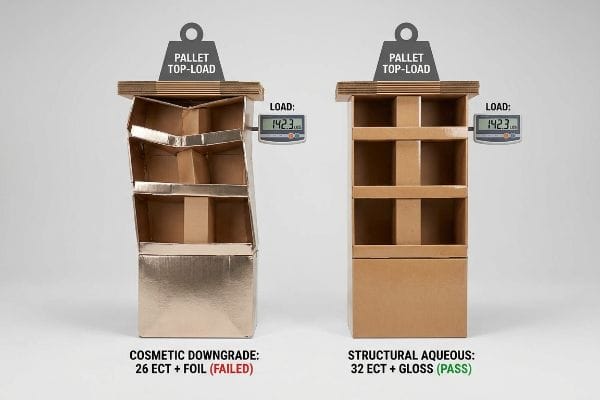Two corrugated displays under Pallet Top-Load: a failed 26 ECT + Foil cosmetic downgrade and a passing 32 ECT + Gloss structural aqueous at 142.3 lbs.