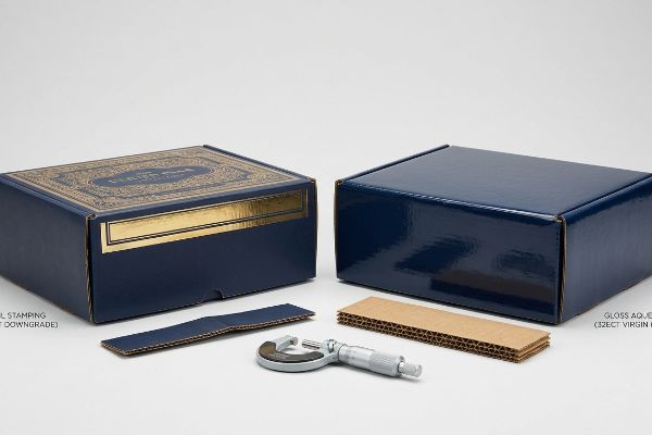Dark blue boxes comparing Foil Stamping (26ECT Downgrade) with Gloss Aqueous (32ECT Virgin Kraft), alongside a micrometer and corrugated inserts.
