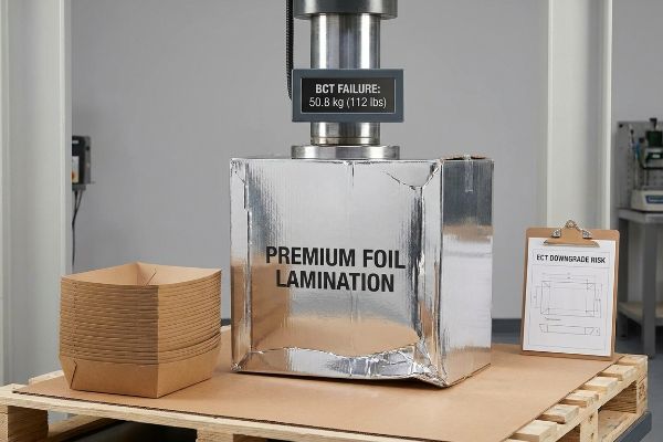 Caixa de papelão ondulado laminado de alta qualidade sob uma prensa hidráulica, mostrando falha no teste de resistência à compressão (BCT) a 50,8 kg (112 lbs), com um documento de "Risco de Rebaixamento da Classificação ECT".