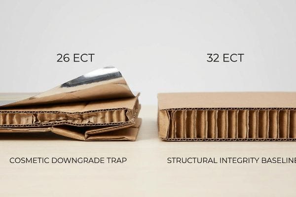 Damaged 26 ECT corrugated board, 'Cosmetic Downgrade Trap', contrasts with intact 32 ECT board, 'Structural Integrity Baseline'.