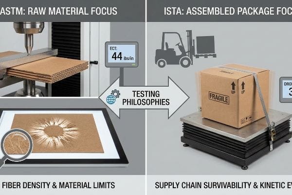 Corrugated material undergoing ASTM Raw Material Focus testing, showing an ECT of 44 lbs/in and fiber density, contrasted with ISTA Assembled Package Focus testing, featuring a package drop test at 30 inches for supply chain survivability.