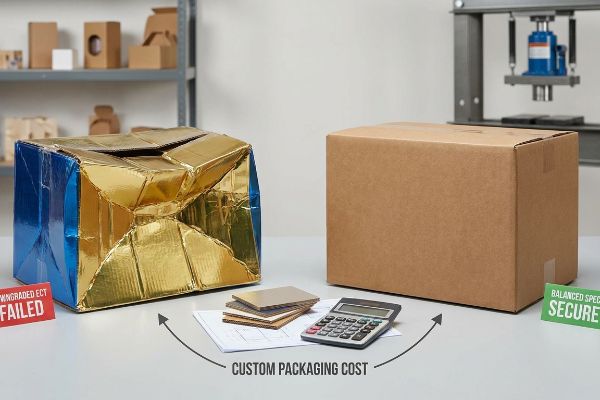 A severely crushed blue and gold foil-laminated box, labeled 'Downgraded ECT Failed', stands beside an intact brown corrugated box, marked 'Balanced Specs Secure', illustrating custom packaging cost implications.