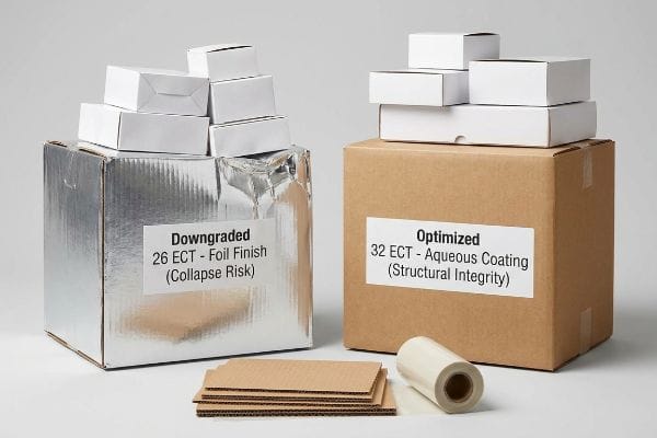 A downgraded 26 ECT foil finish box with collapse risk stands beside an optimized 32 ECT aqueous coating box, demonstrating structural integrity.