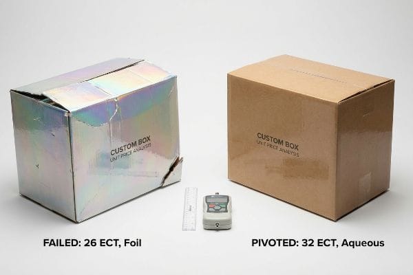 Damaged holographic foil custom box, 'Failed: 26 ECT, Foil', next to an intact brown 'Pivoted: 32 ECT, Aqueous' box, highlighting box compression test results.