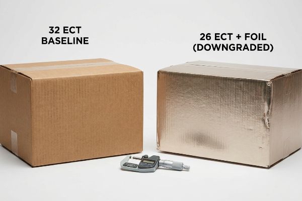 A brown 32 ECT Baseline corrugated box stands next to a shiny 26 ECT + Foil Downgraded box, with a digital micrometer for material thickness measurement.