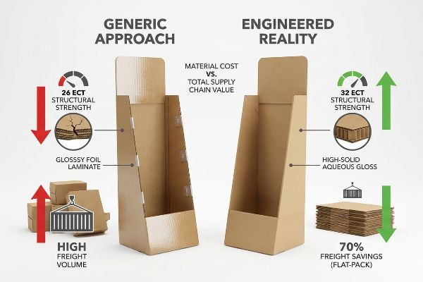 Comparing generic 26 ECT foil laminate displays with engineered 32 ECT aqueous gloss flat-pack designs, showing freight savings.