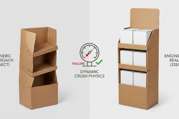 Corrugated displays show 'Dynamic Crush Physics': 'Generic Approach (26ECT)' failure vs. stable 'Engineered Reality (32ECT)' unit.