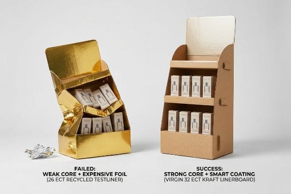 Crumpled gold display (26 ECT Recycled Testliner, Weak Core + Expensive Foil) beside sturdy brown stand (Virgin 32 ECT Kraft Linerboard, Strong Core + Smart Coating).