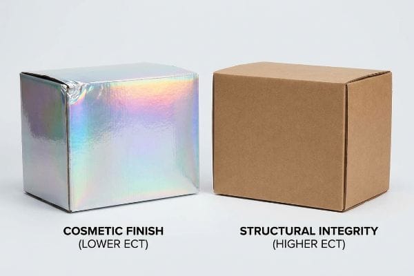 Holographic cosmetic finish box (Lower ECT) contrasted with a kraft box for structural integrity (Higher ECT).