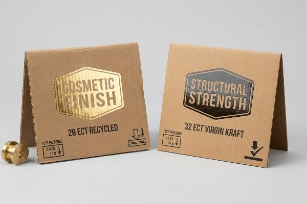 Corrugated panels: gold foil 'Cosmetic Finish' on 26 ECT Recycled (8.8 CS) and black foil 'Structural Strength' on 32 ECT Virgin Kraft (3.5 CS).