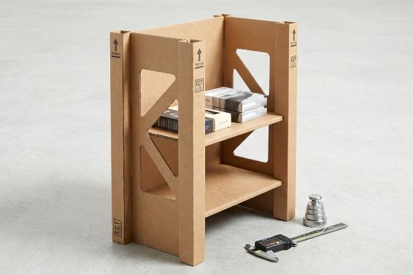 Corrugated cardboard shop-through display with two shelves, 'Up This Way' arrows, and 'ECT' markings, alongside a digital caliper and test weights.