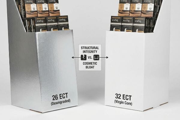 Silver 26 ECT (Downgraded) display stand with Scafag products contrasts with a white 32 ECT (Virgin Core) stand, highlighting Structural Integrity vs. Cosmetic Bloat.