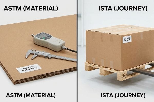 ASTM ECT test sample on corrugated board with gauge and caliper, contrasted with ISTA transit simulation box on a GMA pallet.