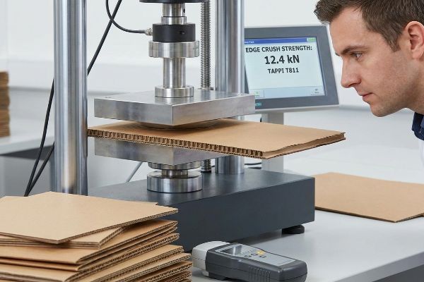 Corrugated paperboard undergoing an Edge Crush Strength test, displaying 12.4 kN and TAPPI T811 on the screen, observed by a technician.