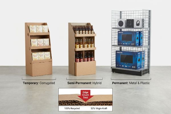 Comparing Temporary Corrugated, Semi-Permanent Hybrid, and Permanent Metal & Plastic retail displays, with an Edge Crush Test showing 100% Recycled vs 32% Virgin Kraft paper.