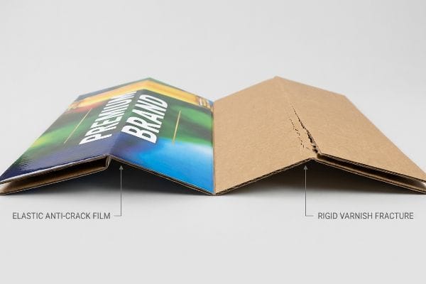 Folded Premium Brand display header with elastic anti-crack film compared to a rigid varnish fracture on cardboard, highlighting litho-cracking.
