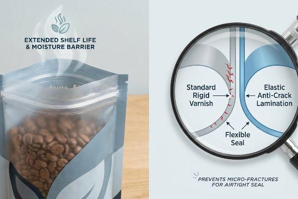 O diagrama ampliado ilustra a laminação elástica anti-fissuras que previne microfraturas em selos flexíveis, garantindo uma barreira hermética para a embalagem de grãos de café, prolongando a vida útil e protegendo contra a umidade.
