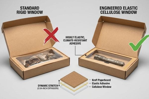 Kraft boxes compare Standard Rigid Window (red X) to Engineered Elastic Cellulose Window (green check), elastic adhesive, 0.04-inch expansion.