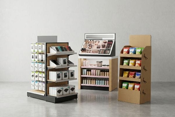 Three distinct custom retail displays, including electronics, illuminated makeup, and corrugated snack stands, enhance product visibility.