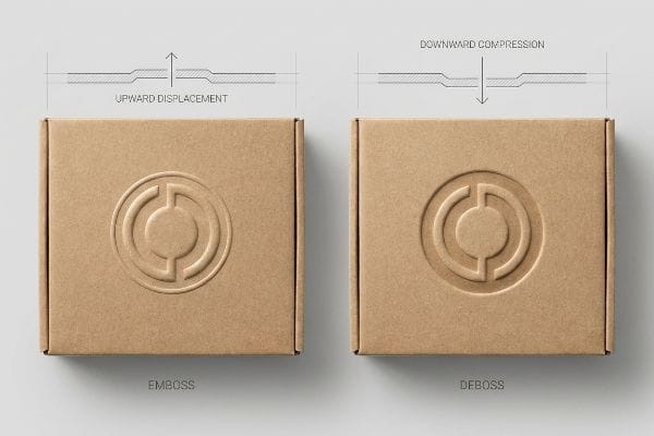 Comparing emboss and deboss effects on two brown cardboard boxes, with diagrams of Upward Displacement and Downward Compression.