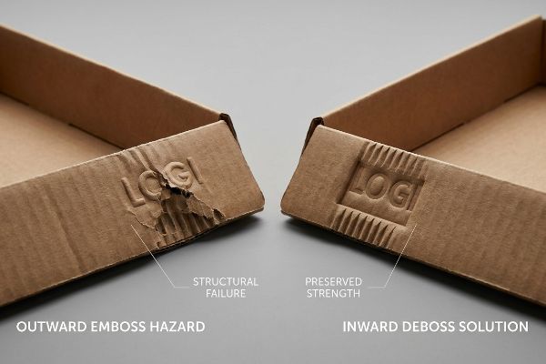 Brown cardboard displays a Logi outward emboss hazard with structural failure next to a Logi inward deboss solution showing preserved strength.