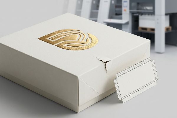 White paperboard box with a gold embossed logo and a torn corner, illustrating structural vulnerability from a double-stress zone.