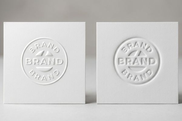Two white paperboard cards displaying identical raised, embossed circular Brand logos, highlighting the premium tactile finish.