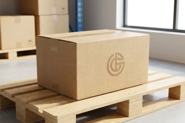 A brown cardboard box with an embossed CG logo on a wooden pallet, representing packaging protected by aqueous coating.