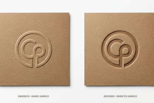 Textured brown paperboard displays an Embossed - Raised Surface CP logo next to a Debossed - Indented Surface CP logo, illustrating tactile packaging.