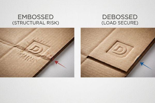 Corrugated cardboard comparison: Embossed (Structural Risk) shows stretched paper fibers, while Debossed (Load Secure) features a clean, inward 'D' logo impression.