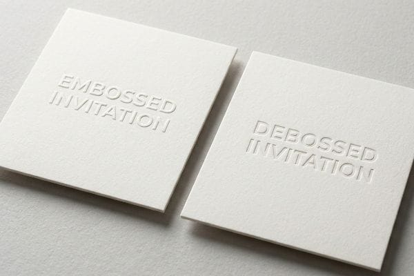 Textured heavy cotton cardstock displays an Embossed Invitation with raised lettering next to a Debossed Invitation featuring sunken typography.
