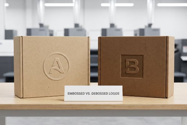 Kraft packaging boxes showcase an embossed 'A' logo and a debossed 'B' logo, with a sign reading 'Embossed vs. Debossed Logos'.