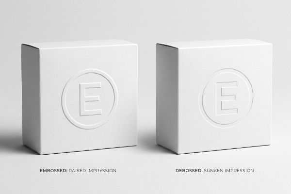 White boxes display Embossed: Raised Impression and Debossed: Sunken Impression, featuring an 'E' logo.