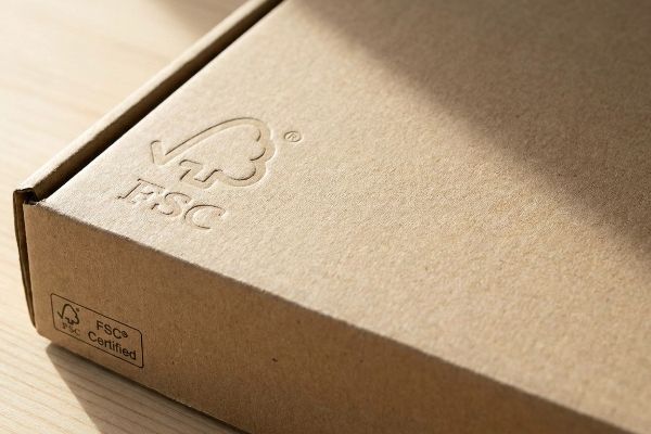 An embossed FSC logo and 'FSC Certified' label on a textured brown cardboard packaging box, highlighting sustainable sourcing.