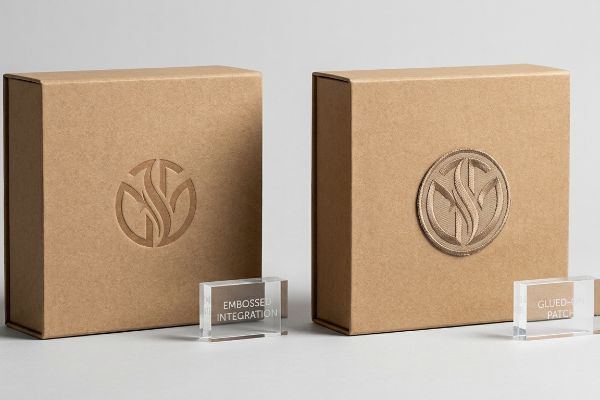 Kraft paperboard boxes display an embossed logo and a glued-on embroidered patch, labeled 'Embossed Integration' and 'Glued-On Patch' respectively.