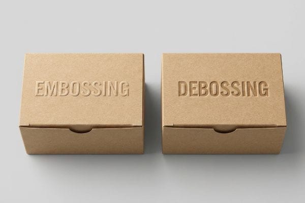 Two kraft paper boxes, one with raised 'Embossing' text and the other with sunken 'Debossing' text, illustrating tactile finishes.