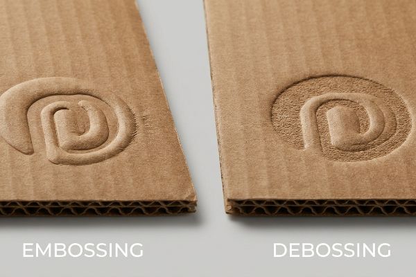 Brown corrugated board samples illustrate a raised Embossing and a recessed Debossing of a logo, highlighting the distinct tactile textures and visible flutes.
