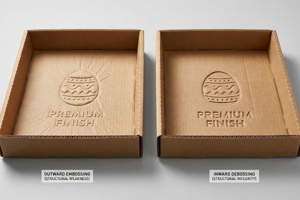 Corrugated trays show Outward Embossing (Structural Weakness) and Inward Debossing (Structural Integrity) with Easter egg and Premium Finish.