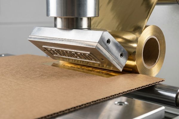 A metal die with 'Embossing' text applies shimmering gold foil onto corrugated paperboard, illustrating the foil stamping process.