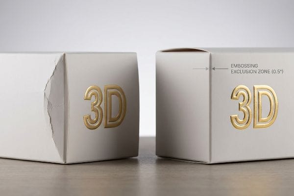 A damaged paperboard box with gold 3D embossing next to an intact box showing a 0.5-inch Embossing Exclusion Zone.